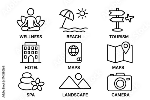 Travel and tourism line icon set. Resort hotel and vacation icons. Wellness, beach, passport, map, spa, landscape, camera vector symbols for web and app design.