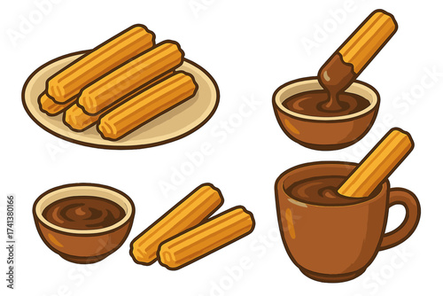 Churros with chocolate sauce vector set. Traditional Spanish or Mexican dessert snack. Fried pastry sticks dipping in hot chocolate dip or cup. Sweet food illustration icons.