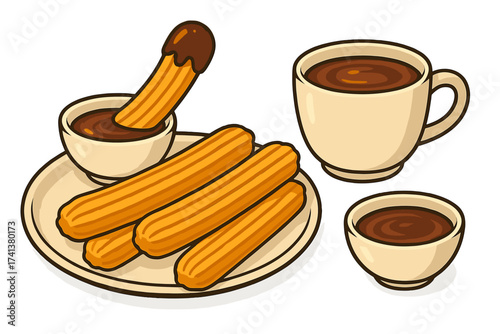 Vector set of churros with hot chocolate sauce. Traditional Spanish, Mexican sweet dessert. Fried pastry snack on a dish with a choco dip. Isolated food illustration for cafe menu.