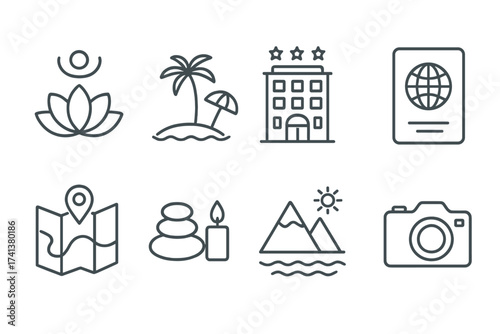 Travel and resort vacation line icon set. Hotel booking, wellness spa, beach tourism, passport control concepts. Vector symbols for web and app design. Camera, map, landscape.