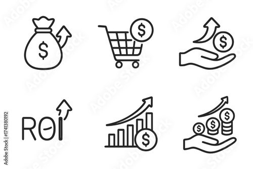 Return on investment ROI line icon set. Financial growth, profit, and sales concepts. Business capital, dividend, and income vector icons for web and infographics design.