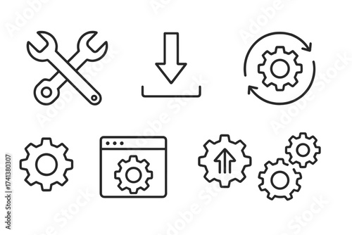 Setup and settings line icon collection. Vector set for web and app design. Includes options, download, update, configuration, gears, optimization, and system process symbols.