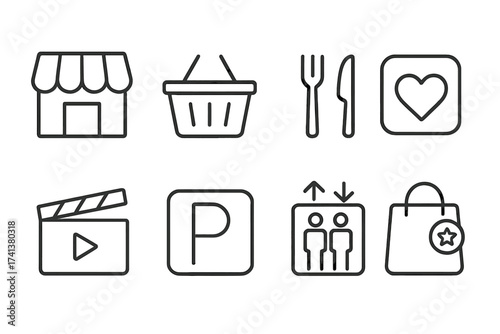 Shopping mall line icon set. Retail and e-commerce symbols. Vector collection of store, basket, food court, cinema, parking, elevator, wishlist icons for web and mobile UI.