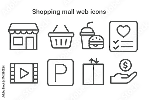 Shopping mall and e-commerce line icon set. Vector collection for web and mobile UI. Includes store, basket, food court, cinema, parking, elevator, and payment symbols.