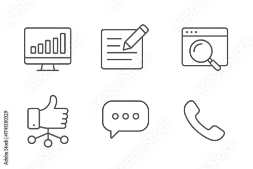 Digital marketing and web line icon set. Business communication concept. Vector symbols for data analytics, blogging, SEO, social media, network management, like, message, phone.