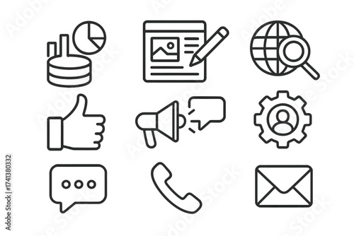 Social media and web icon set in line style. Data analytics, blogging, seo, digital marketing, like, management, message, phone, email communication vector collection.