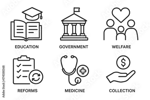 Social policy outline icons. Government, education, welfare, medicine, reform, collection pictogram set. Public service, healthcare, finance, law vector symbols for web design.