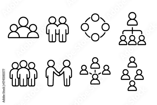 Teamwork and business cooperation icon set. Vector line icons of people, group, social network, community, and organizational hierarchy. Management and collaboration symbols.