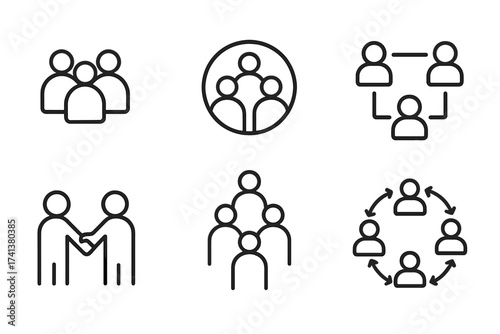Teamwork and society line icon set. Vector concepts of group, people, social network, cooperation, partnership, community, leadership, and human resources illustration.