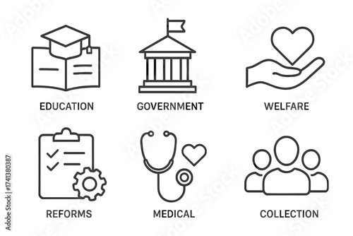Social policy and public services line icon set. Education, government, welfare, medicine, reform and community concepts. Vector outline pictogram collection for web and infographic.