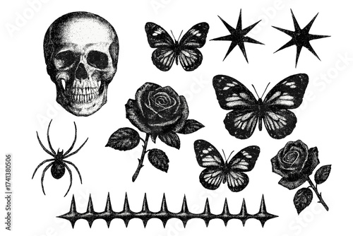 Grunge Y2K elements collection with retro photocopy effect. Edgy dotted vector asset pack with skull, rose, butterfly, spider, thorns. Goth-style stickers for cool design.