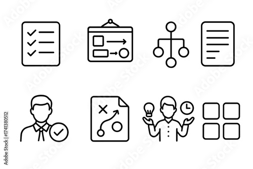 Task management and project workflow line icon set. Business process, planning, to-do list, strategy, and multitasking symbols. Vector illustration for web and apps.