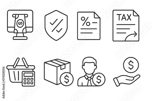 Tax and finance line icon set. Vector icons for tax return, payment, duties, interest rate, vat, tariff, personal income tax, and financial collection for web and app design.