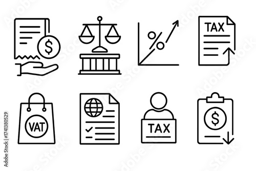 Tax and finance icon set. Thin line style vector symbols for accounting and law. Includes tax return, VAT, duties, interest rate, payment, income, and personal tax concepts.