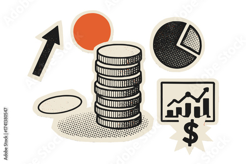 Business finance concept with coin stack and charts. Financial planning, investment, and market growth collage. Trendy retro halftone vector illustration with cut out paper elements.