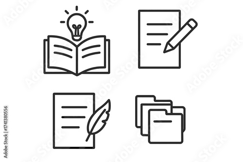 Writing line icon set. Content creation, copywriting, storytelling, reading. Vector symbols of knowledge, idea, learning. Book with lightbulb, paper with pencil, quill, file folder.