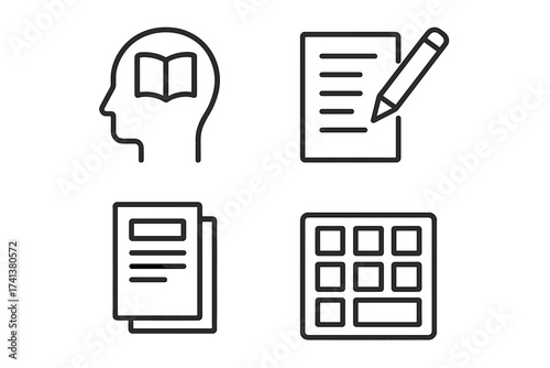 Text web icons in line style. Writing, copywriting, reading collection. Content creation symbols. Storytelling, editing, blog, article, document icon set. UI, UX elements.