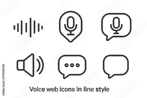Voice and audio line icon set. Sound wave, voice recognition, microphone, speech bubble. Chat message and podcast symbols. UI UX elements. Vector collection on transparent background.