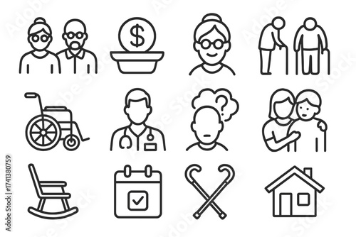 Elderly care line icon set. Senior lifestyle, retirement and pension concept. Grandparents, wheelchair, doctor, alzheimer, dementia, caregiver, medical support icons.