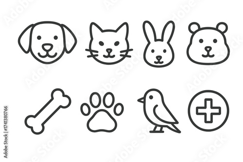 Pet shop and veterinary clinic line icon set. Simple outline symbols for animal care: dog, cat, rabbit, hamster, bird. Vector graphic of paw print, bone, and vet help.