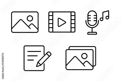 Web content creation line icon set. Digital media symbols for photo, video, gallery, audio podcast, music, and blogging. Vector UI collection for website and app design.