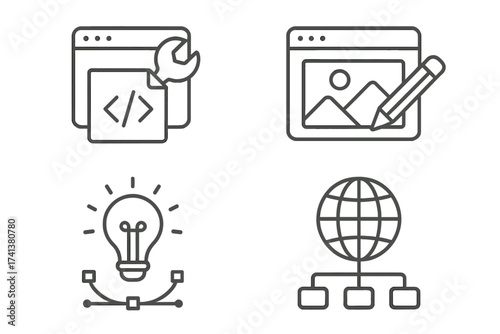 Set of web design line icons. Vector symbols for website development, creative process, graphic design, coding, and network technology. UI UX and app development pictogram.