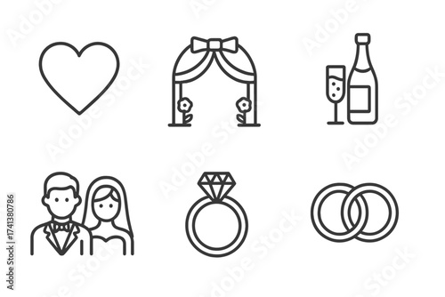 Wedding line icon set. Love, marriage, and ceremony concepts. Vector symbols of bride, groom, diamond engagement ring, heart, wedding arch, and intertwined rings for celebration.