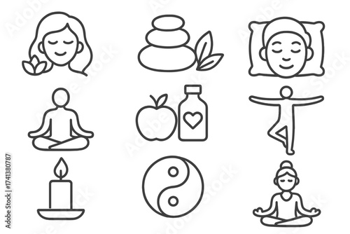 Wellness web icon set in line style. Concepts of relaxation, spa, sleep, yoga, and health. Lifestyle and spiritual practice symbols for meditation, balance, and harmony vector pack.