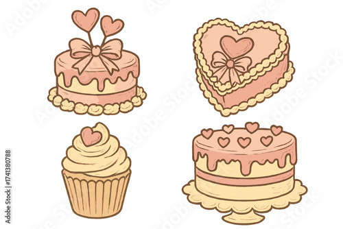 Vintage coquette cakes and cupcake set for wedding, birthday, or Valentine's Day. Romantic hand-drawn vector clip art illustration of sweet heart-shaped desserts and pastry.