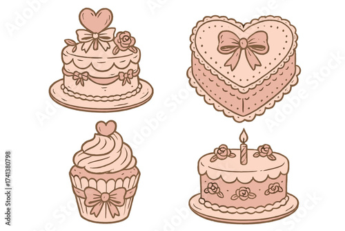 Vintage coquette cakes set. Pink retro birthday, wedding, Valentine's Day dessert clip art. Hand drawn vector illustration of sweet heart cakes, cupcake with bow. Isolated icons.