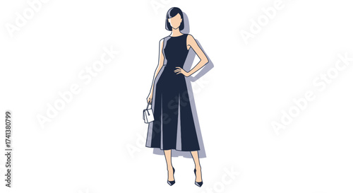 Elegant Woman in Navy Dress with Handbag
