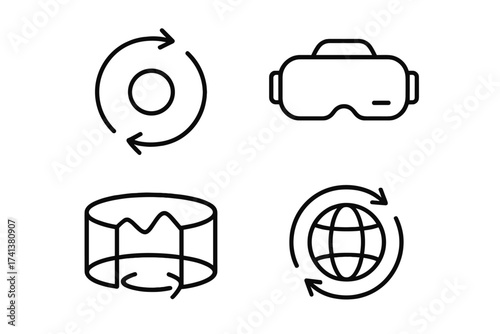 360 degree virtual reality line icon set. VR glasses, panorama tour, and globe view symbols. Vector illustration for web, UI, UX, and augmented reality technology.