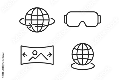 Set of 360 degree view and virtual reality line icons. VR glasses, panoramic image, and globe symbols. Vector collection for AR, metaverse, and immersive experience design.