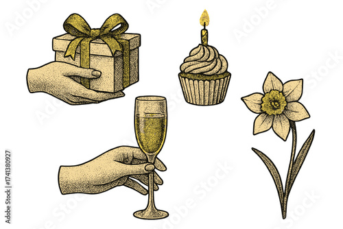 Vintage celebration set. Vector halftone dotwork illustration. Hand holding gift box with golden bow, champagne glass. Birthday cupcake with candle, daffodil flower. Retro collage.
