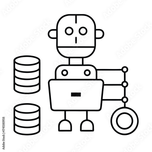 Robot with laptop and data stacks representing artificial intelligence and big data processing. robot cartoon character.