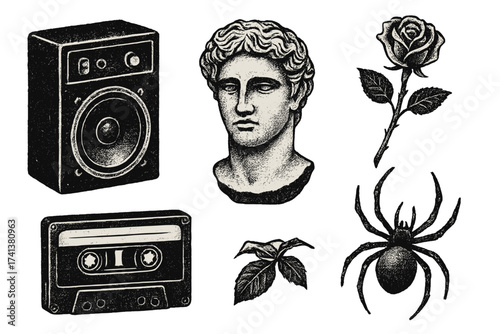 Y2K grunge sticker pack. Retro 90s elements with photocopy effect. Vintage loudspeaker, antique statue bust, cassette tape, rose, and spider illustrations with grainy texture.