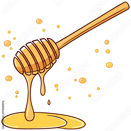 Golden honey dripping from a wooden honey dipper, a sweet treat with rich, viscous texture against a bright white background