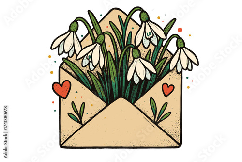 Vintage illustration of an envelope with snowdrops. Spring flower bouquet in a letter. Romantic love message concept with hearts. Whimsical retro halftone style floral vector.