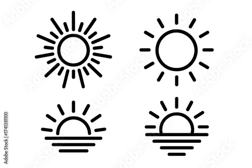 Sun icon set. Line art vector illustration. Sunrise and sunset over sea or ocean. Simple weather pictograms. Summer, sunshine, sunlight, and daytime symbols. Minimalist design.