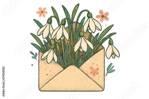 Vintage envelope with snowdrop bouquet. Spring flowers message concept. Whimsical halftone illustration of first spring blossoms. Retro floral graphic art for greeting card.