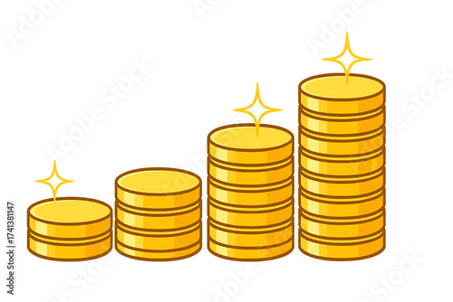 Vector illustration of stacked gold coins in a growing bar graph. Concept of financial growth, profit, and success. Money savings, investment return, and wealth accumulation.