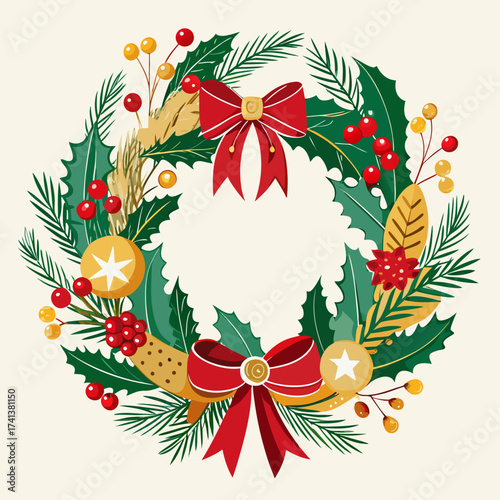 Elegant Christmas wreath featuring pine branches, holly leaves, red berries, golden ornaments, and a red bow, circular festive vector design ideal for holiday greeting cards and seasonal decorations