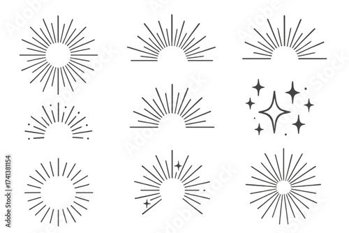 Sunburst vector set. Collection of hand drawn boho sunbeam elements. Mystical celestial sunrise and sunset light rays. Vintage retro sparkle and starburst logo icons.