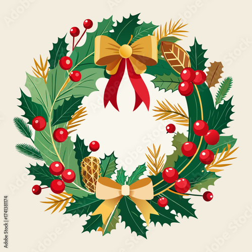 Classic Christmas wreath decorated with pine branches, holly leaves, red berries, golden accents, and a red bow, elegant circular vector design for festive holiday decorations and greeting cards