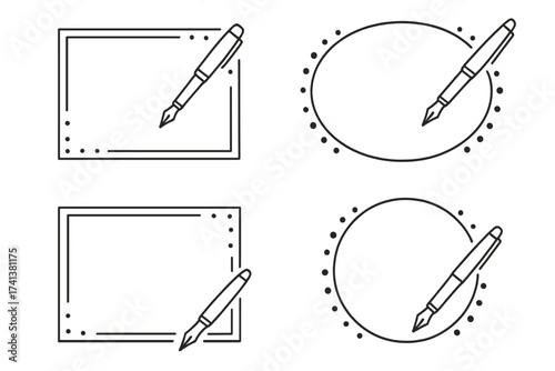 Fountain pen with frame set for signature or logo. Elegant calligraphy ink pen drawing a border. Minimalist line art for contract, document, or author branding. Vector icon.