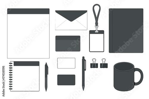 Corporate identity branding mockup set. Blank stationery template for business. Office supplies collection with notebook, pen, mug, id card. Vector professional design elements.