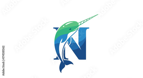 Stylized Narwhal with Letter N, Blue and Green Aquatic Design
