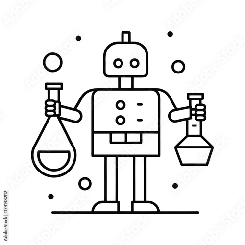 Friendly cartoon robot holding two laboratory flasks in a science experiment setting. robot cartoon character.