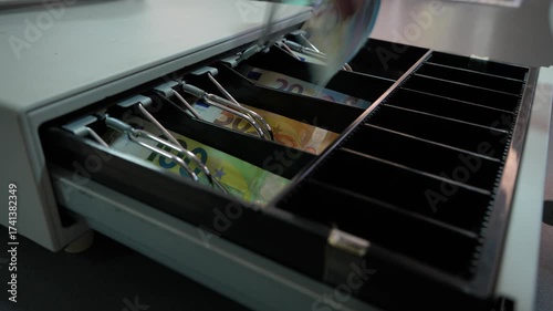 Close up male hands unlock cash register put euro banknotes and take change