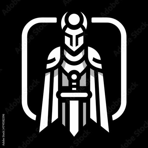 Stylized knight character in armor with sword and cape design on black background for valor and strength concept